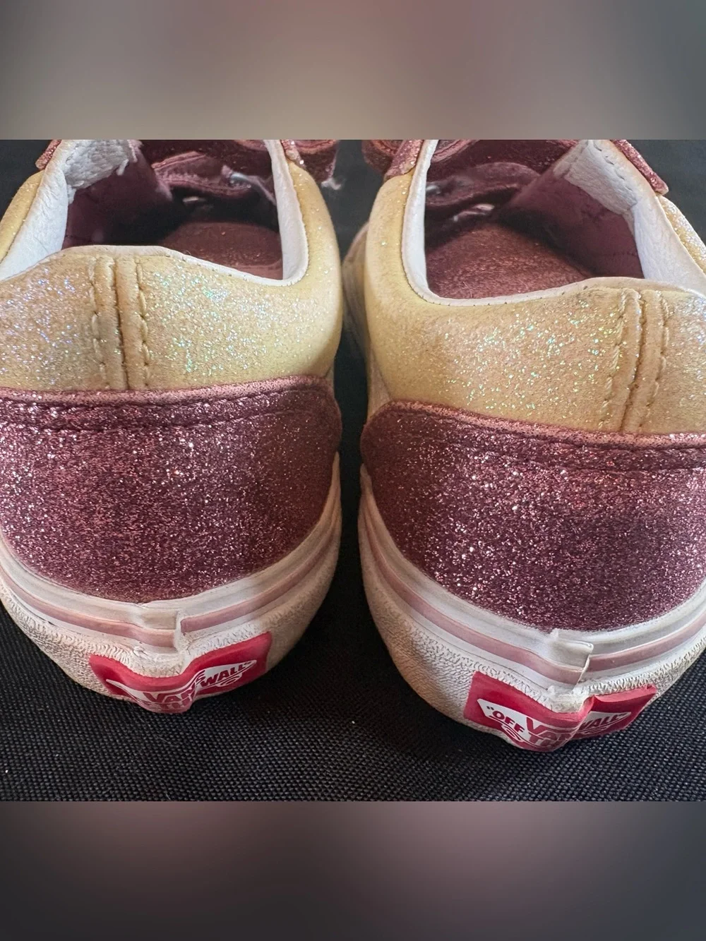 Vans Kids Glitter Pink and Yellow Velcro Low-Top Sneakers